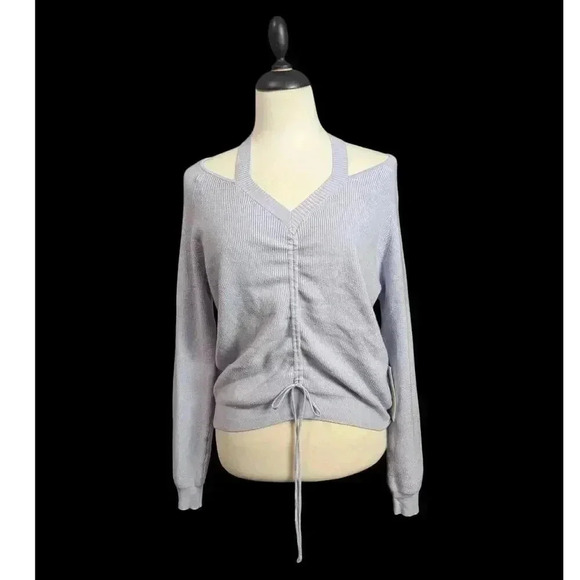 NEW Twine & String Large Purple Cinch Front V-neck Cold Shoulder Knit Sweater - Picture 1 of 7